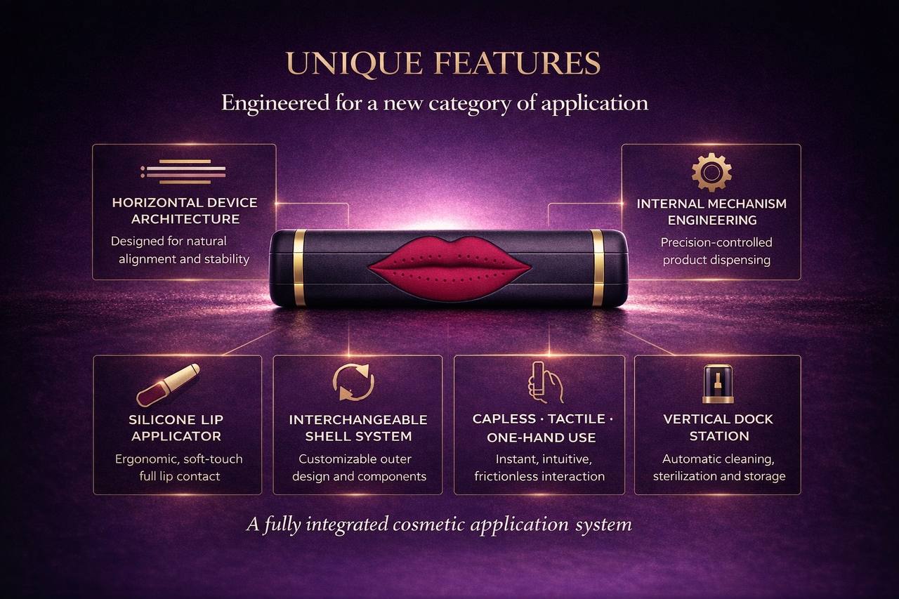 Feature board highlighting the ONE TOUCH horizontal architecture, silicone lip applicator, interchangeable shell system, and dock station.
