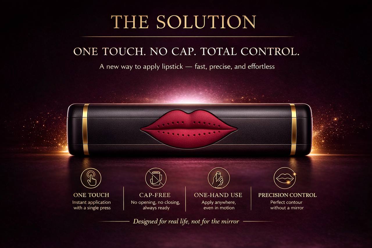 Presentation visual showing the ONE TOUCH applicator device and its one-touch, cap-free, one-hand benefits.