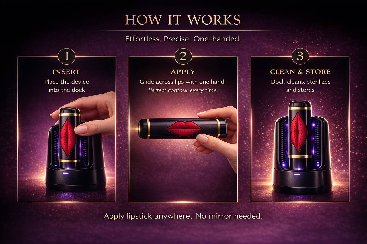 Workflow presentation showing device insertion, one-hand application, and dock-based cleaning and storage.